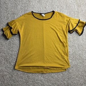 Vintage Inner Beauty Shirt Womens Large Yellow Ruffle Flutter Sleeve Black Trim